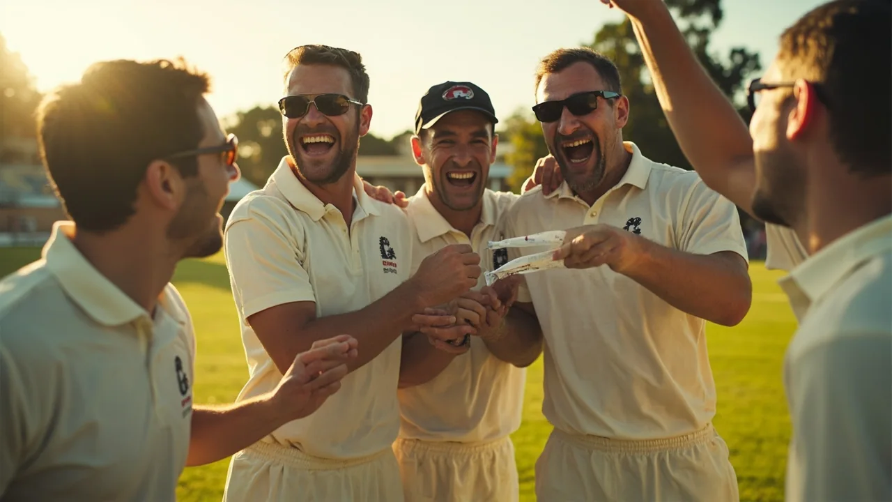 Cricket team huddled on the pitch