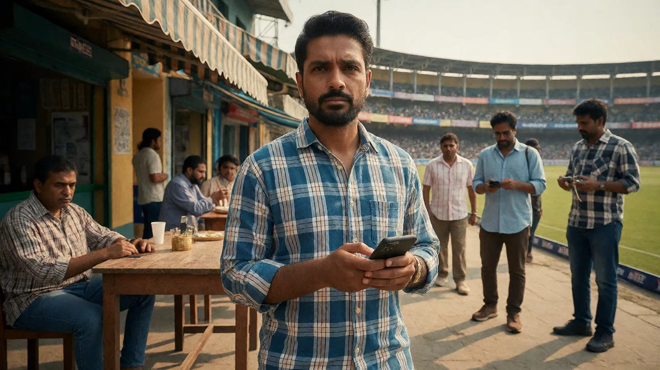 Wide editorial view of a cricket stadium at golden hour, layered seating and a quiet outfield